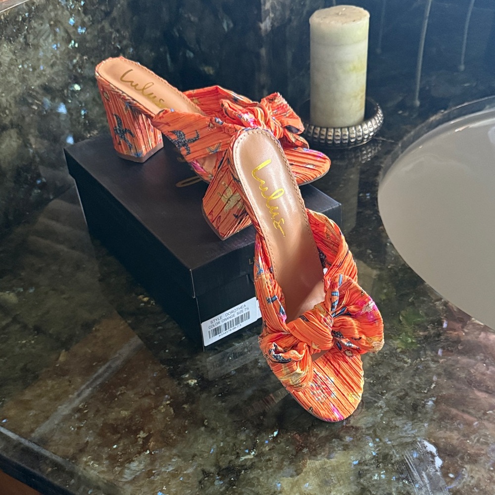 Lulu's Orange Floral Knot Front Block Heel Sandals